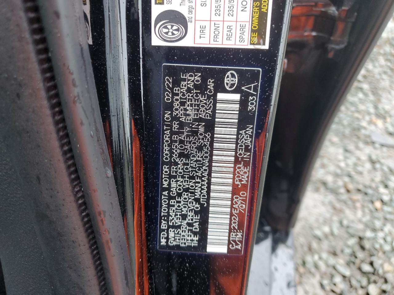 2022 TOYOTA MIRAI LE VIN:JTDAAAAA0NA005456