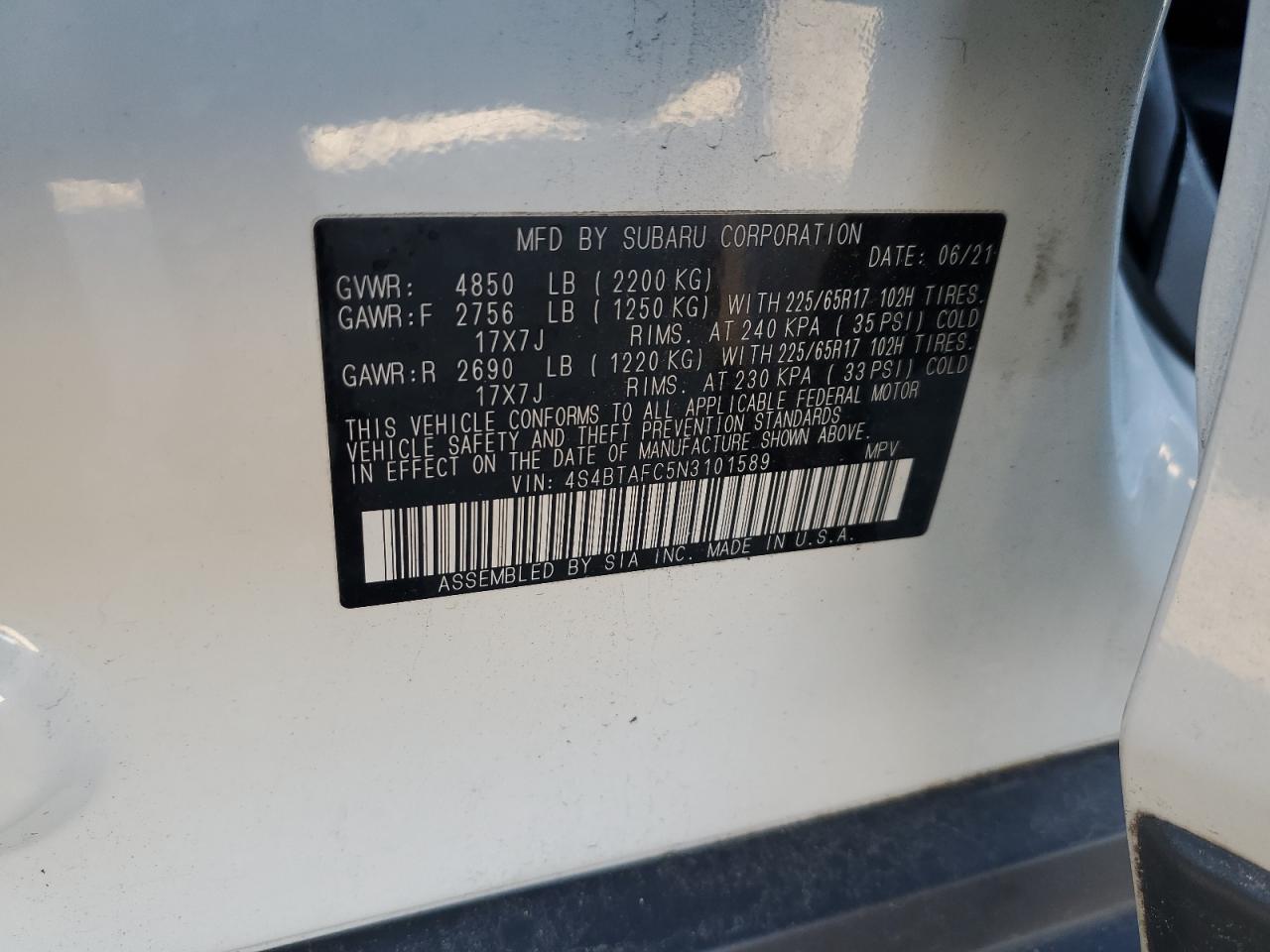 2022 SUBARU OUTBACK PREMIUM VIN:4S4BTAFC5N3101589