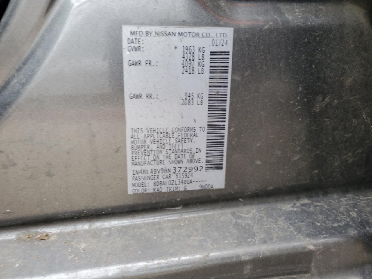 2024 NISSAN ALTIMA S VIN:1N4BL4BV9RN372992