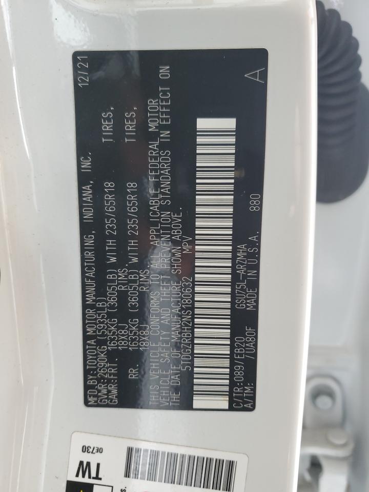 2022 TOYOTA HIGHLANDER XLE VIN:5TDGZRBH2NS180632