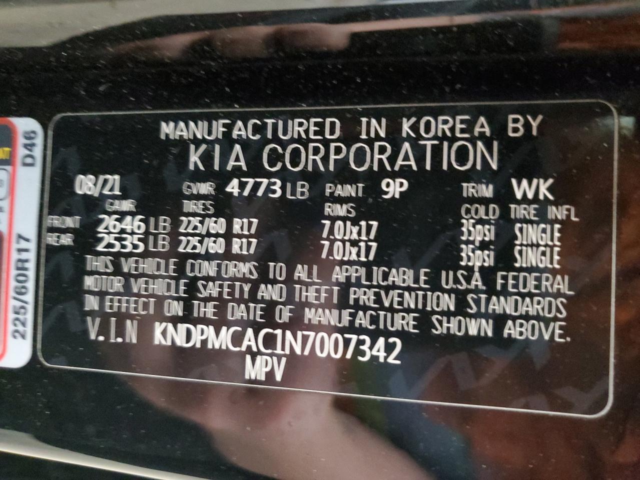 2022 KIA SPORTAGE LX VIN:KNDPMCAC1N7007342