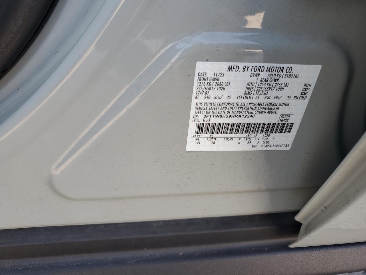 2024 FORD MAVERICK XLT VIN:3FTTW8H39RRA12248