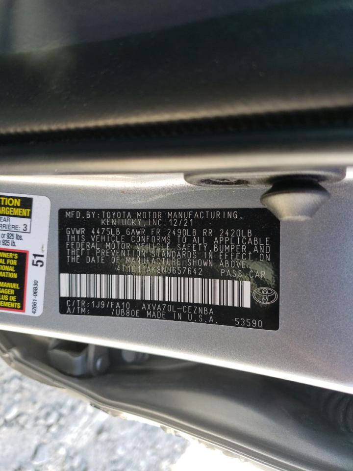 2022 TOYOTA CAMRY LE VIN:4T1C11AK8NU657642