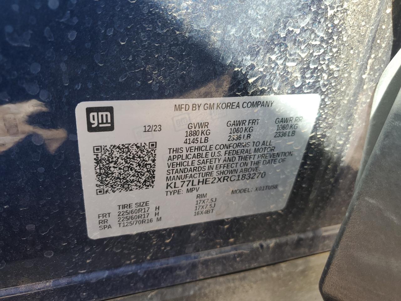 2024 CHEVROLET TRAX 1LT VIN:KL77LHE2XRC183270