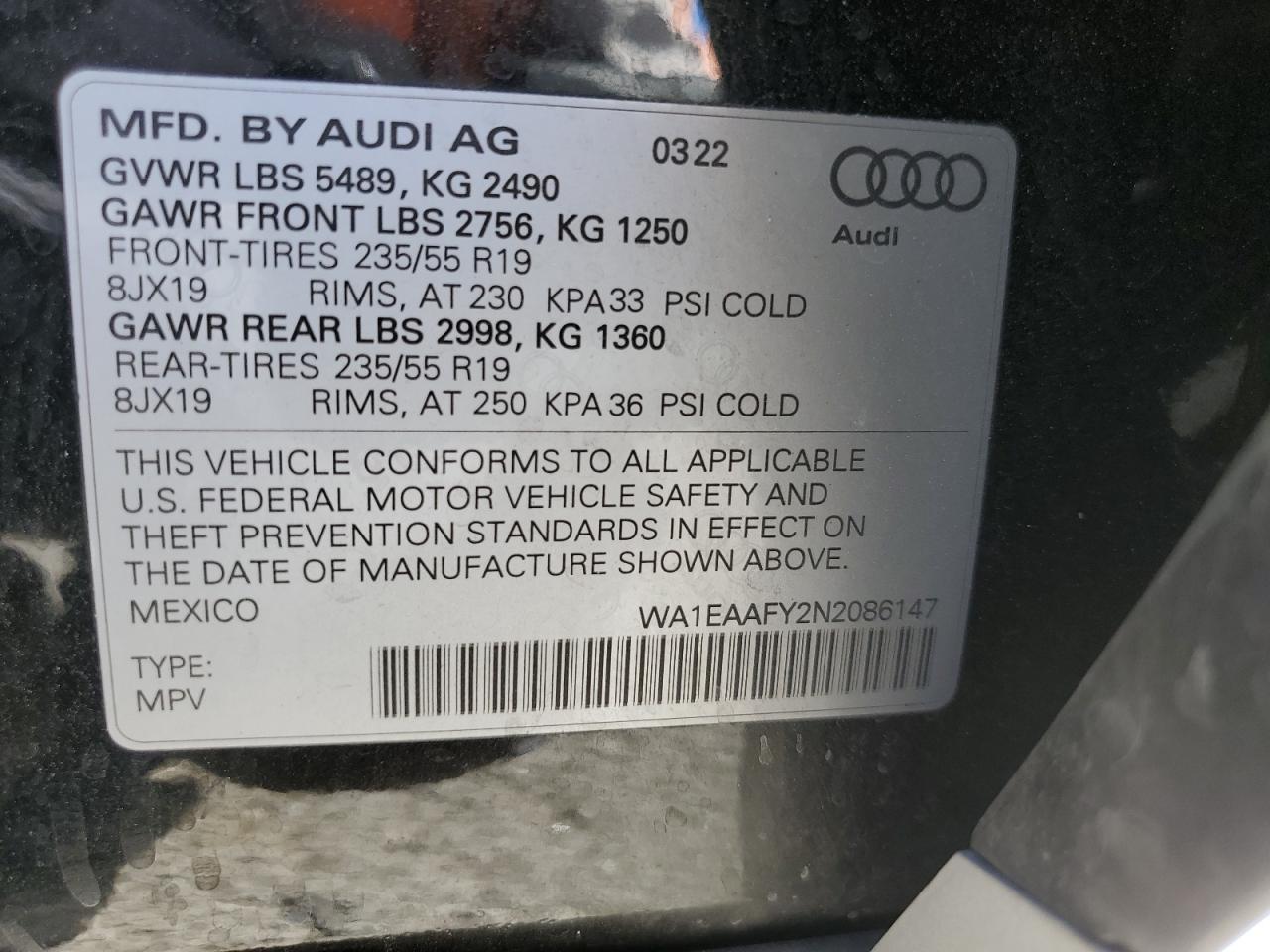 2022 AUDI Q5 PREMIUM PLUS 45 VIN:WA1EAAFY2N2086147