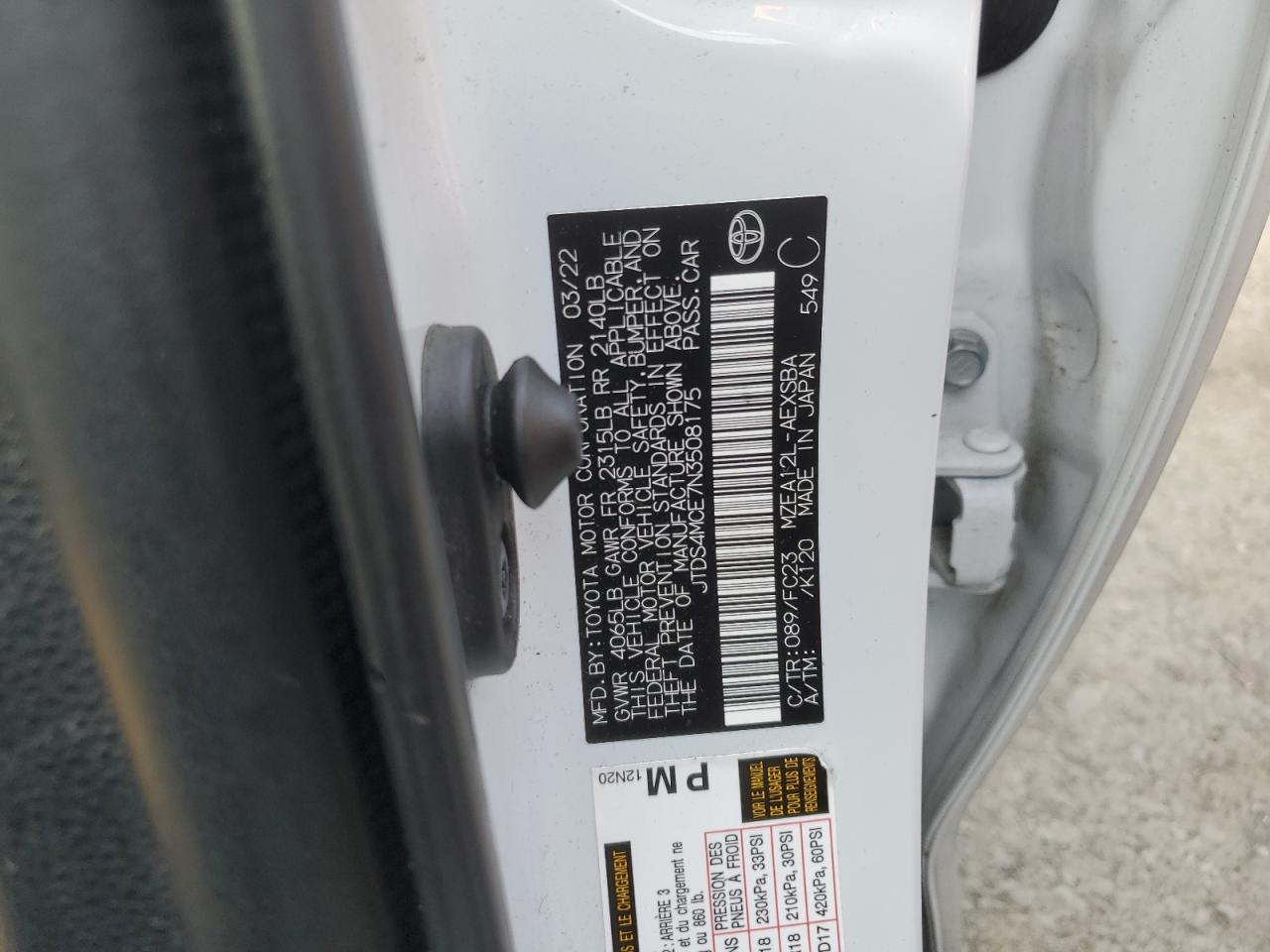 2022 TOYOTA COROLLA SE VIN:JTDS4MCE7N3508175