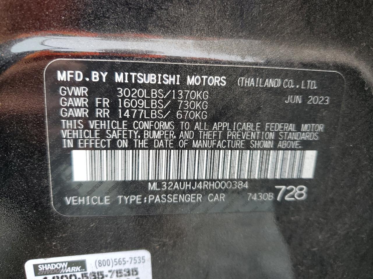 2024 MITSUBISHI MIRAGE ES VIN:ML32AUHJ4RH000384