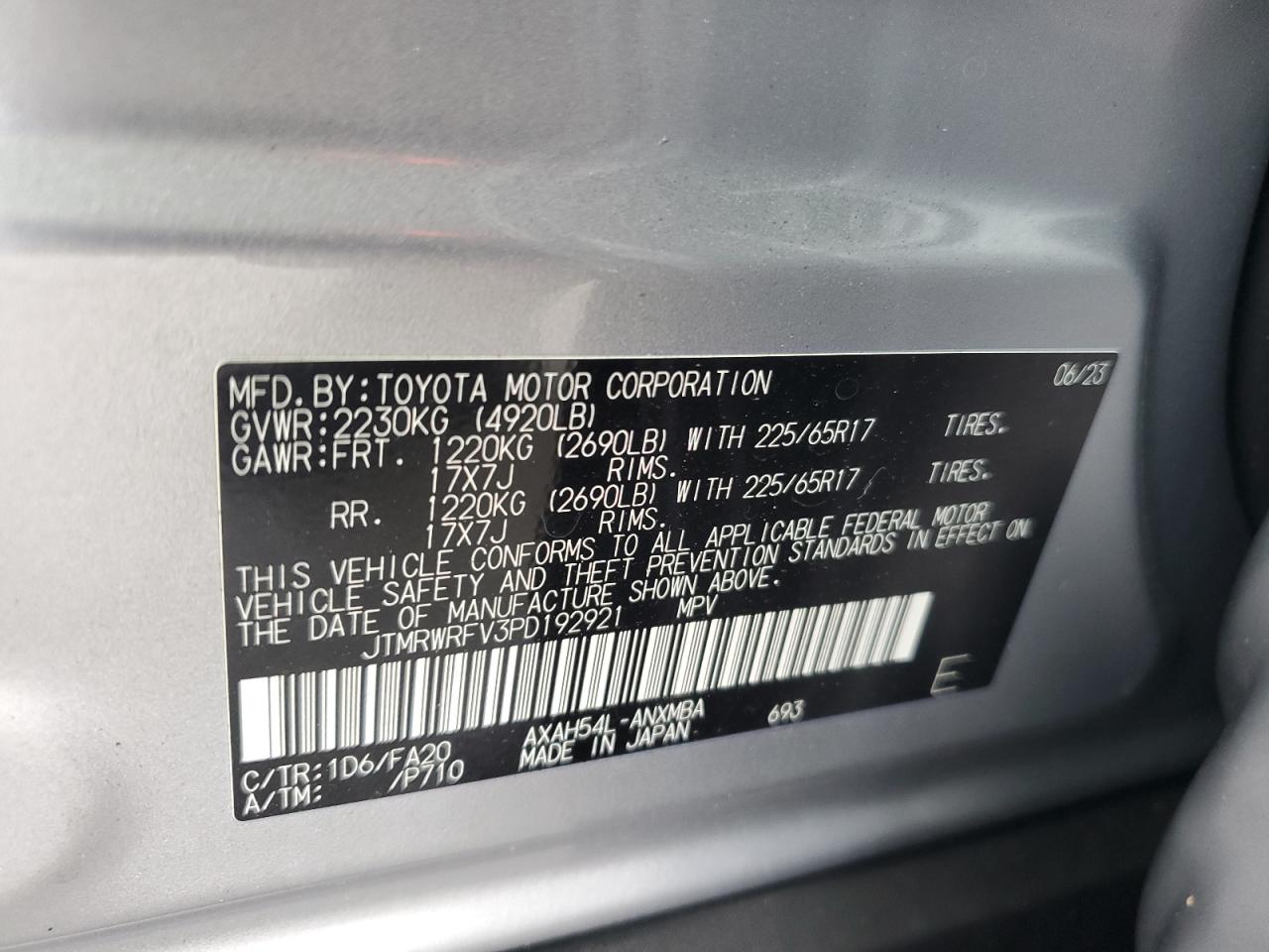 2023 TOYOTA RAV4 XLE VIN:JTMRWRFV3PD192921