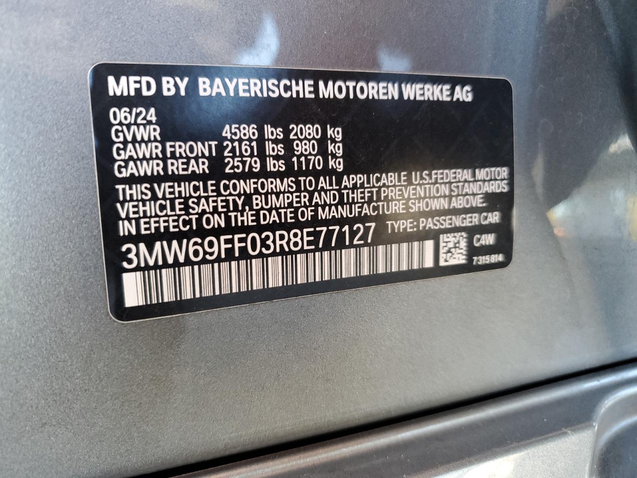 2024 BMW 330I VIN:3MW69FF03R8E77127