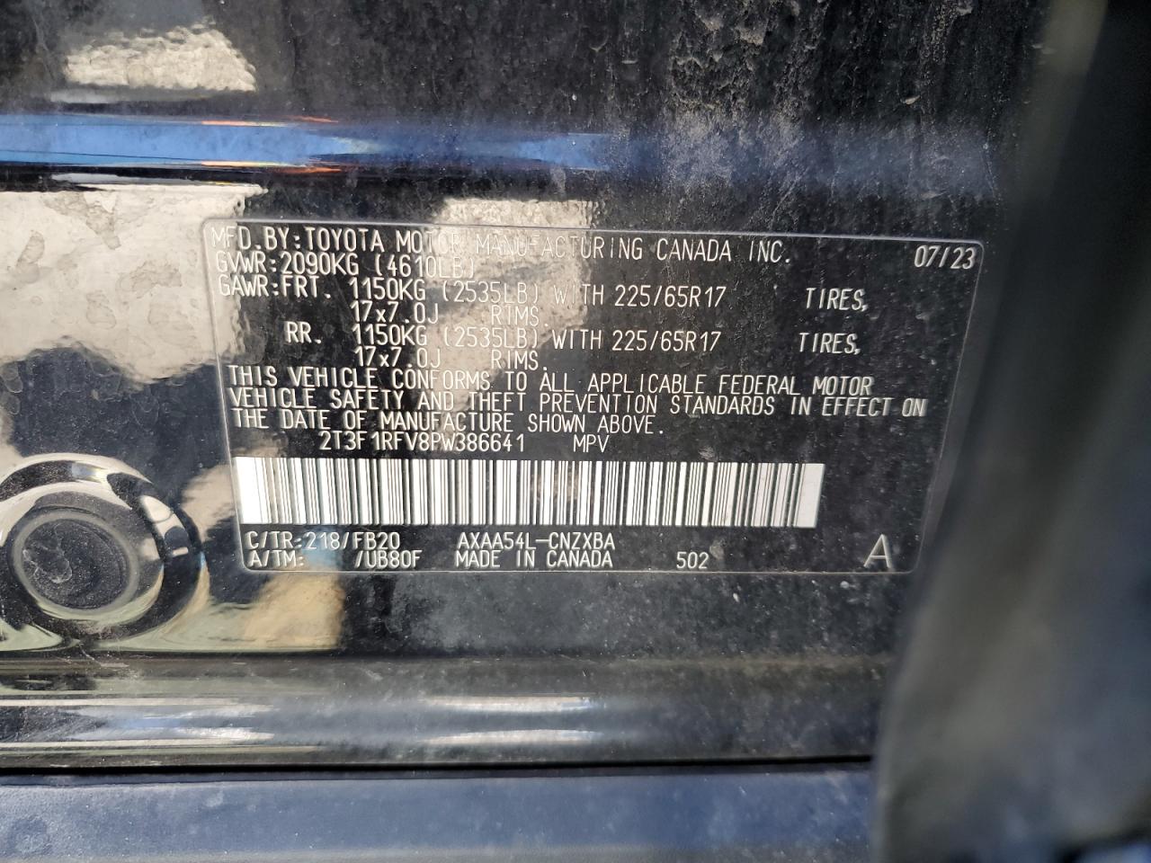 2023 TOYOTA RAV4 LE VIN:2T3F1RFV8PW386641