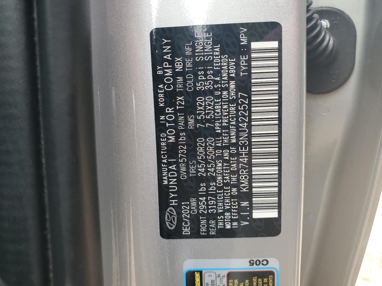 2022 HYUNDAI PALISADE CALLIGRAPHY VIN:KM8R74HE3NU422527