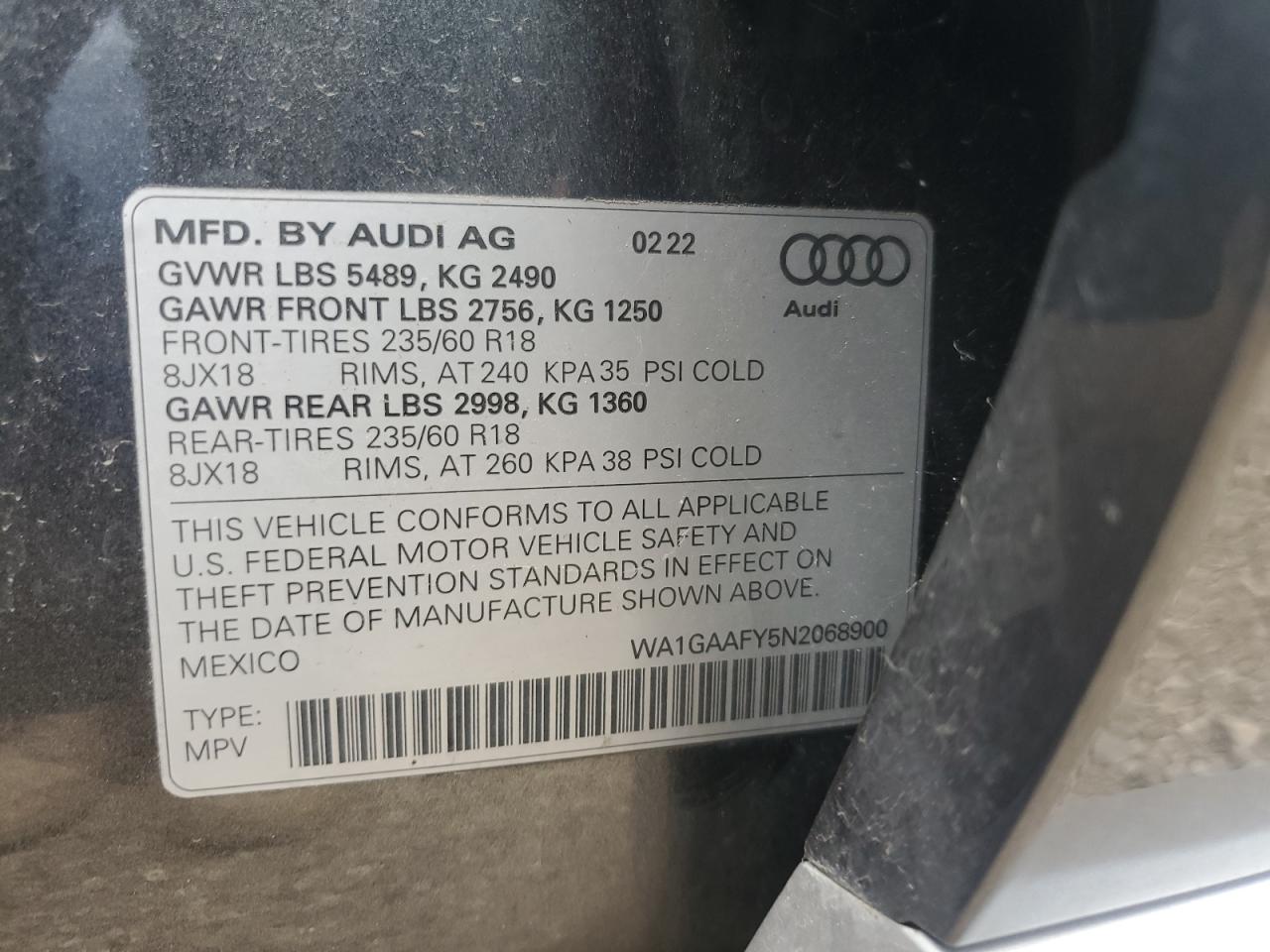 2022 AUDI Q5 PREMIUM 45 VIN:WA1GAAFY5N2068900