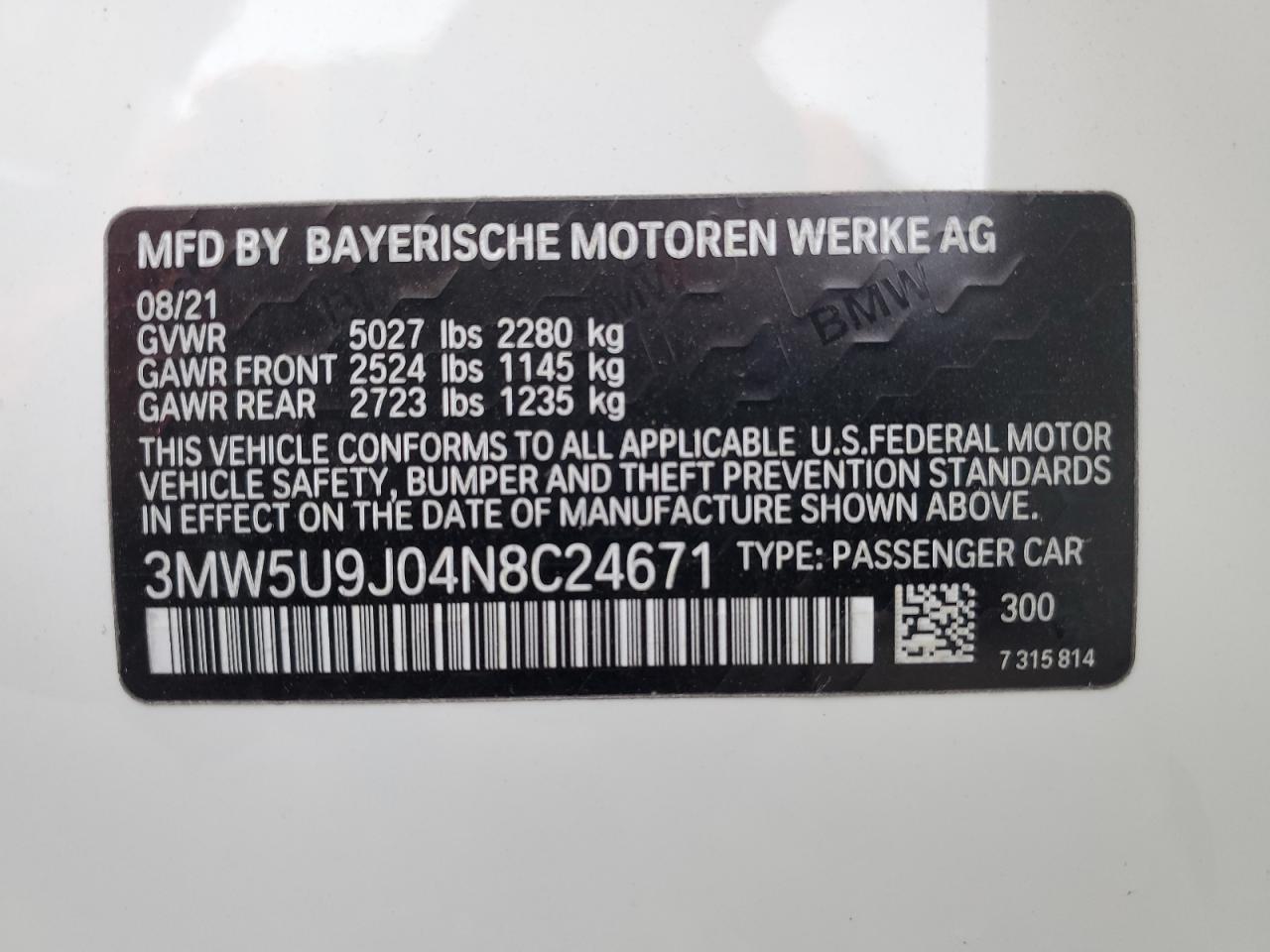 2022 BMW M340XI  VIN:3MW5U9J04N8C24671