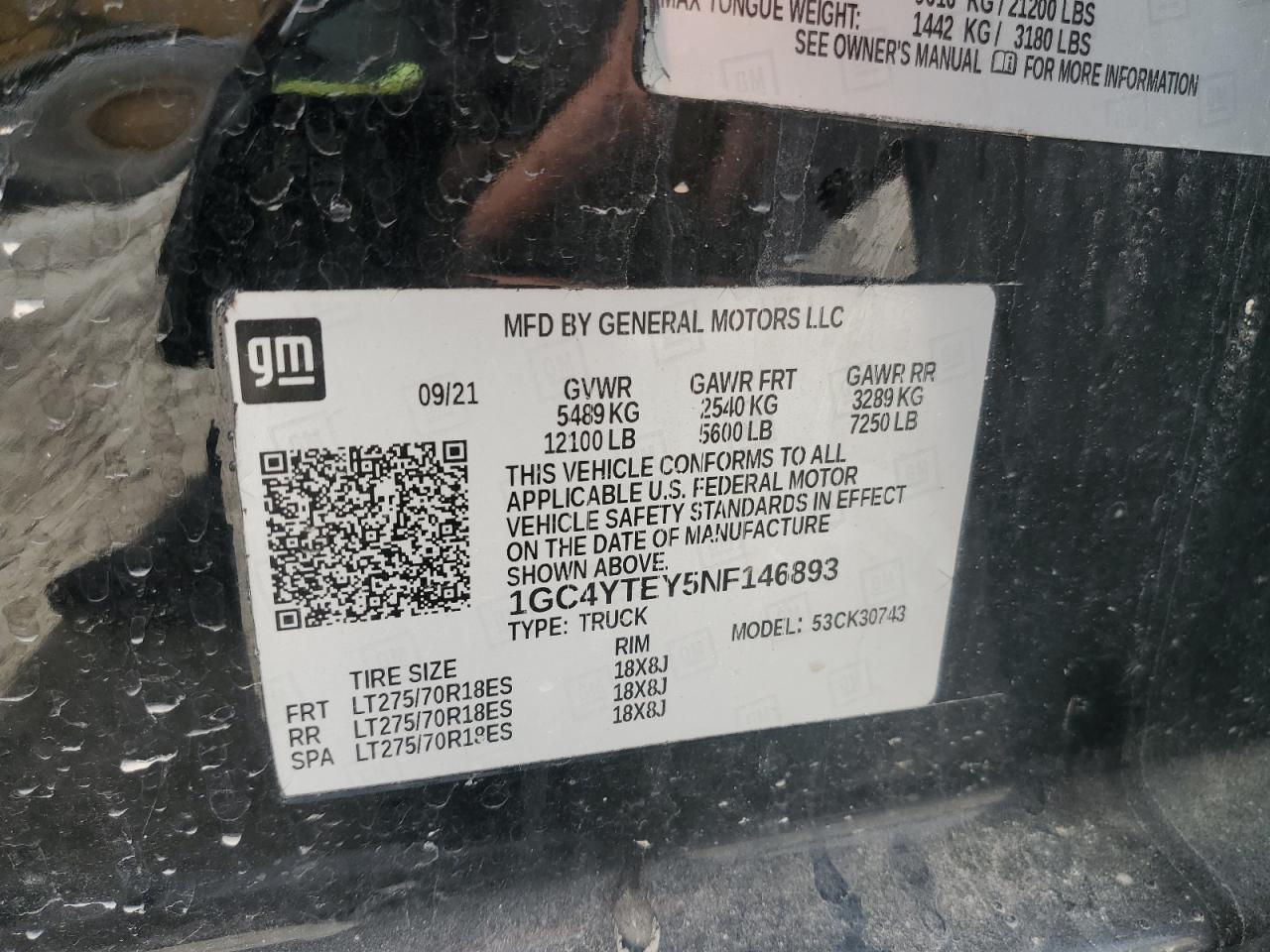 2022 CHEVROLET SILVERADO K3500 LT VIN:1GC4YTEY5NF146893