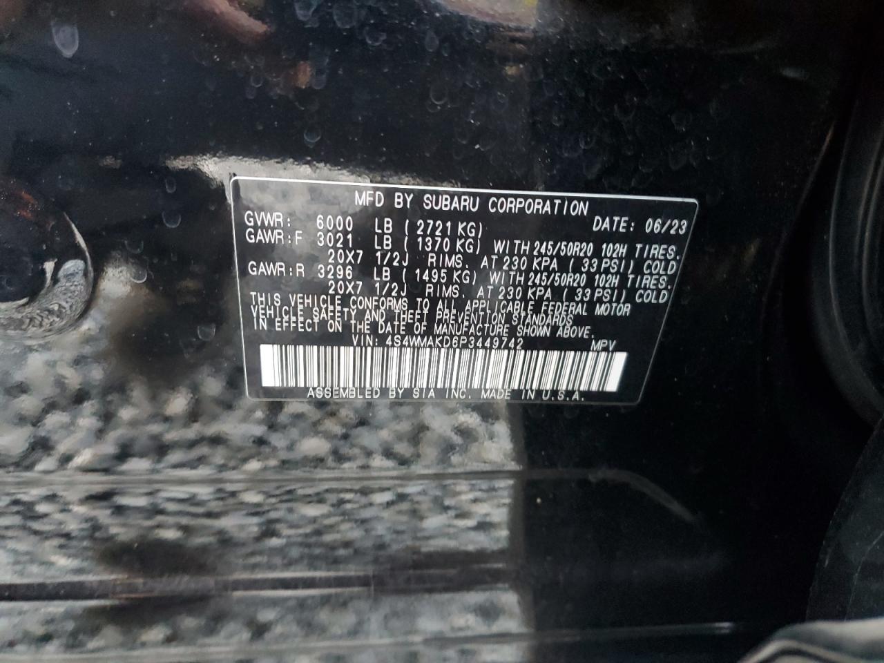 2023 SUBARU ASCENT LIMITED VIN:4S4WMAKD6P3449742