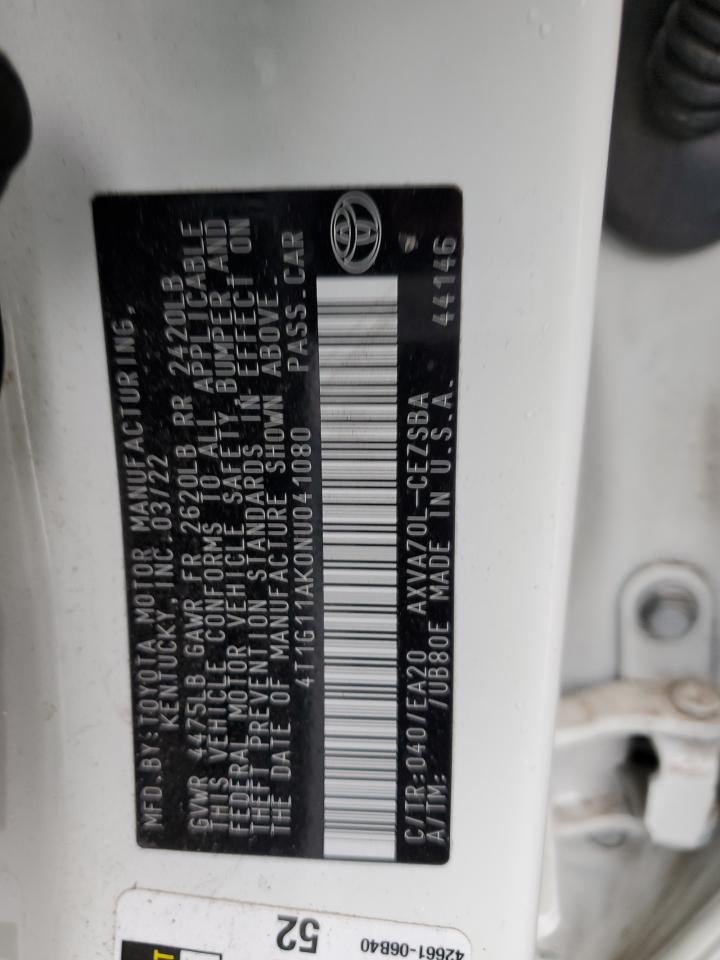 2022 TOYOTA CAMRY SE VIN:4T1G11AK0NU041080