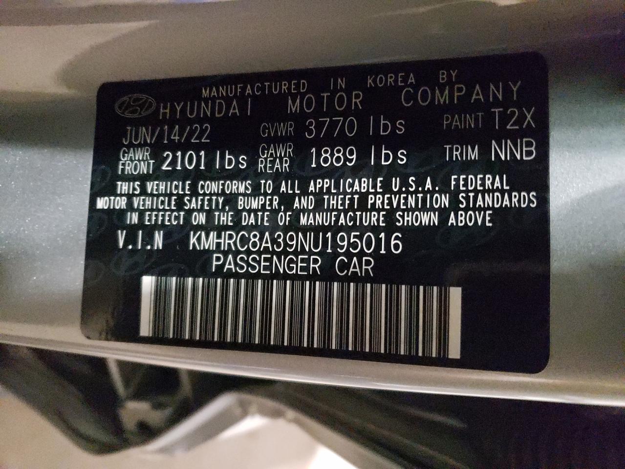 2022 HYUNDAI VENUE SEL VIN:KMHRC8A39NU195016