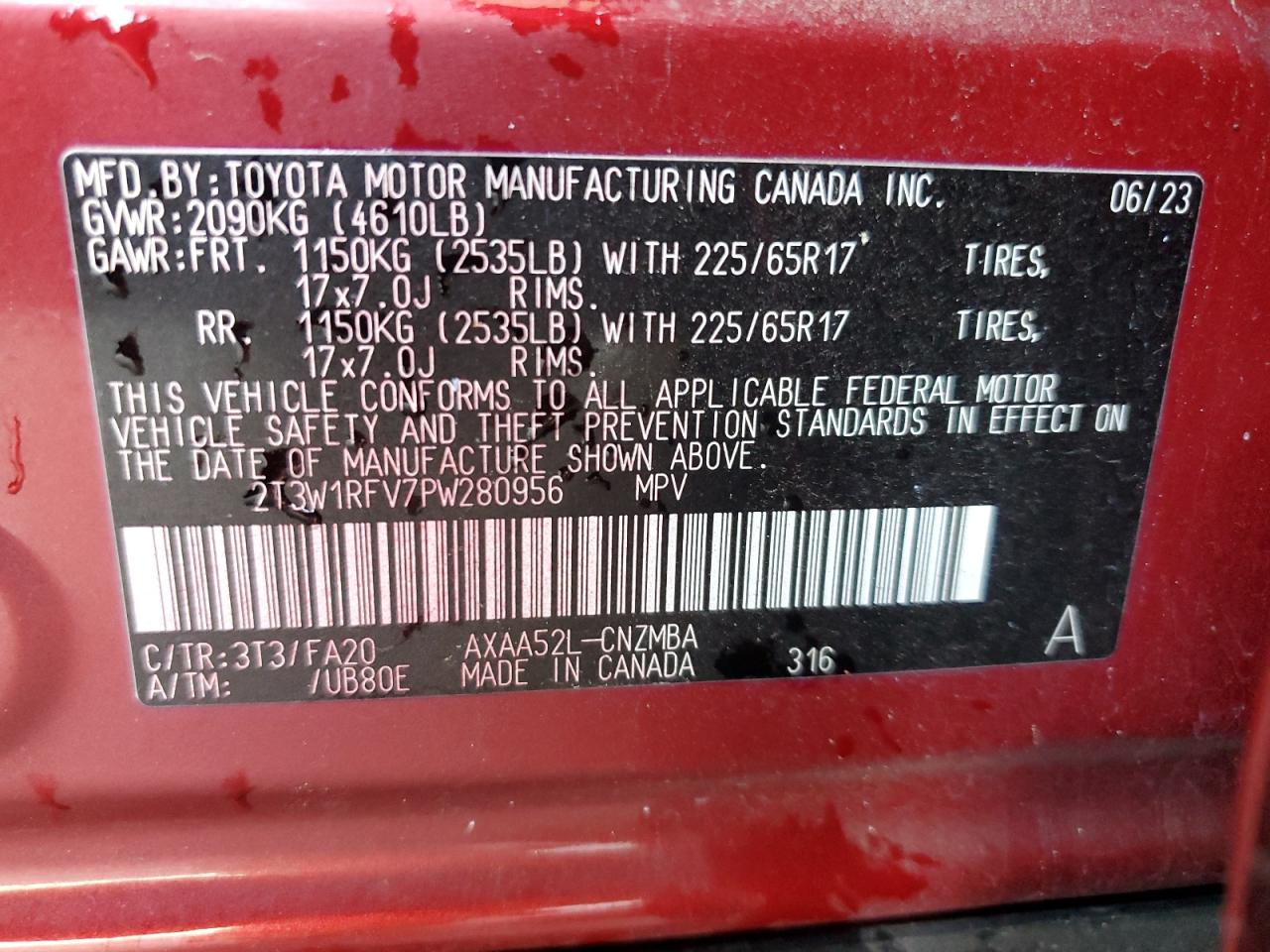 2023 TOYOTA RAV4 XLE VIN:2T3W1RFV7PW280956