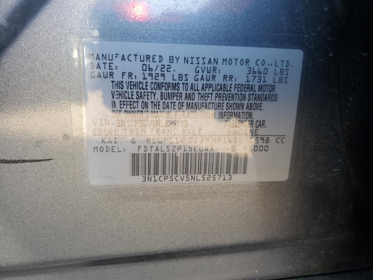 2022 NISSAN KICKS SV VIN:3N1CP5CV5NL525713