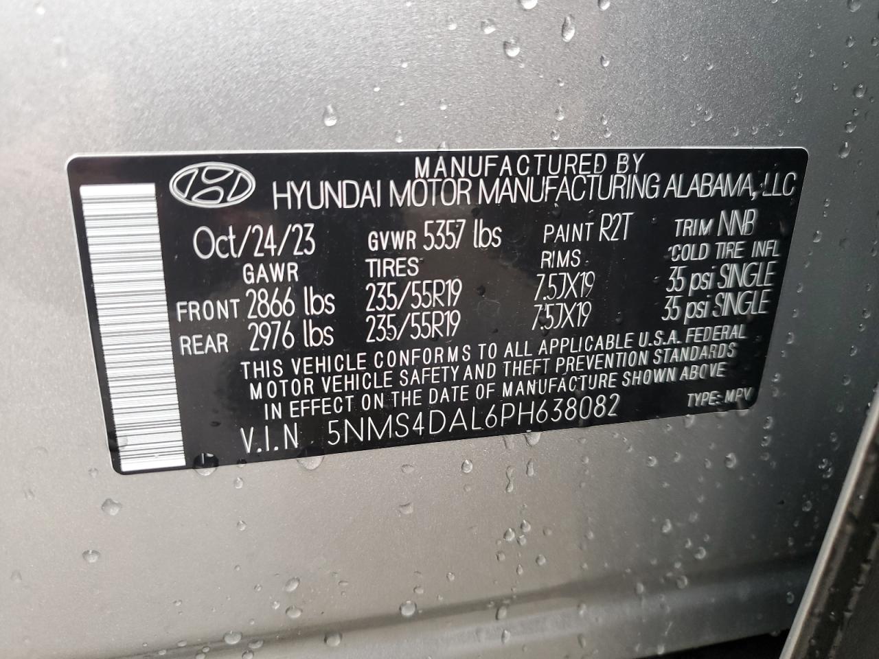 2023 HYUNDAI SANTA FE LIMITED VIN:5NMS4DAL6PH638082