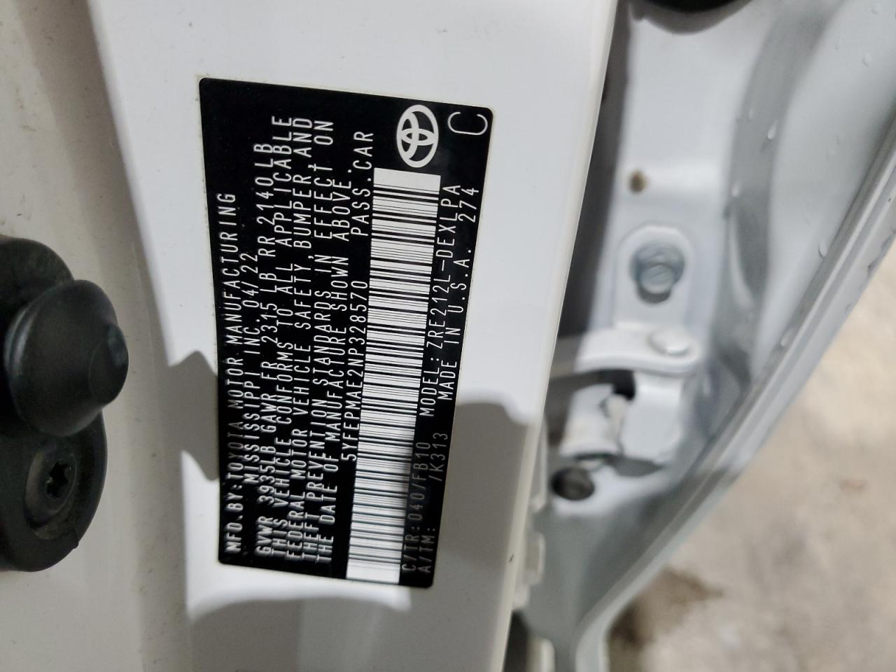 2022 TOYOTA COROLLA LE VIN:5YFEPMAE2NP328570