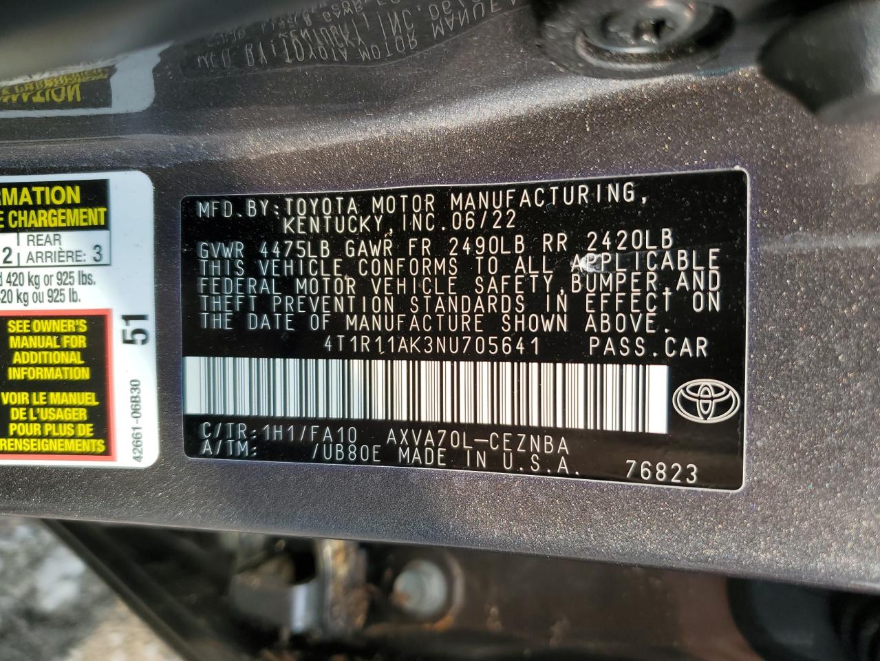 2022 TOYOTA CAMRY LE VIN:4T1R11AK3NU705641