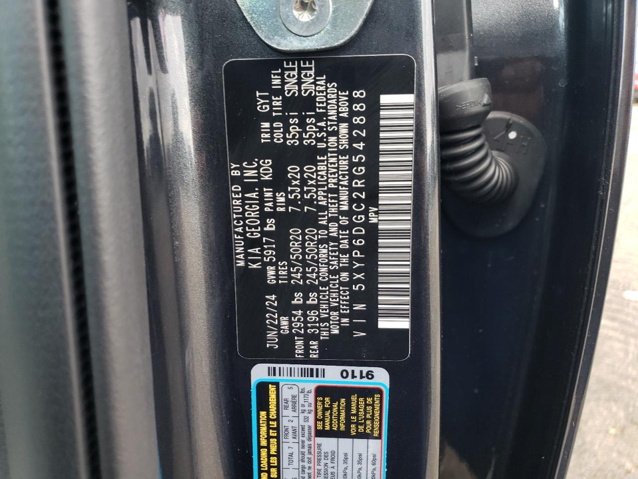 2024 KIA TELLURIDE S VIN:5XYP6DGC2RG542888