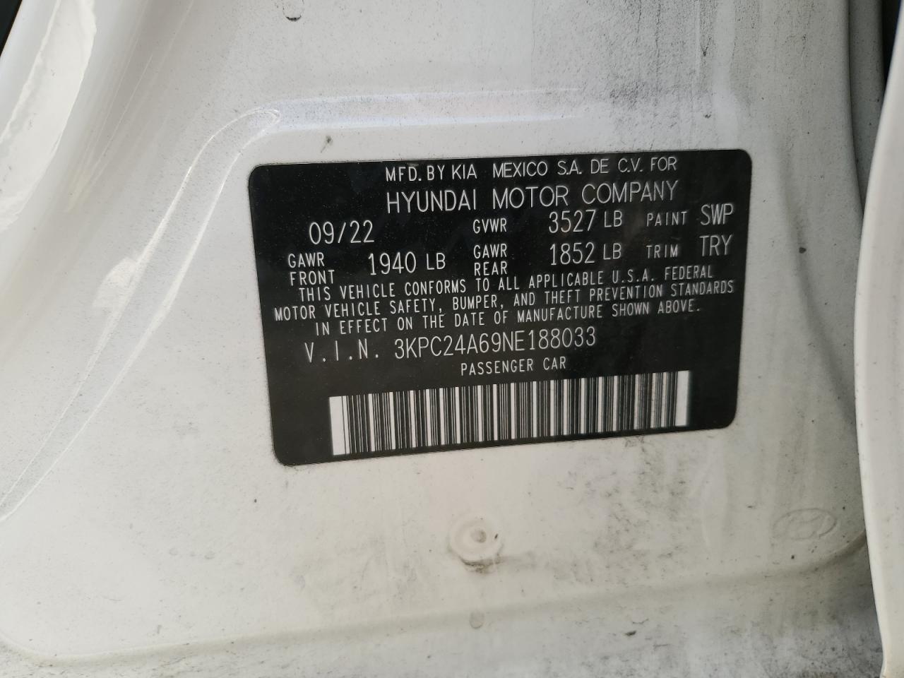 2022 HYUNDAI ACCENT SE VIN:3KPC24A69NE188033