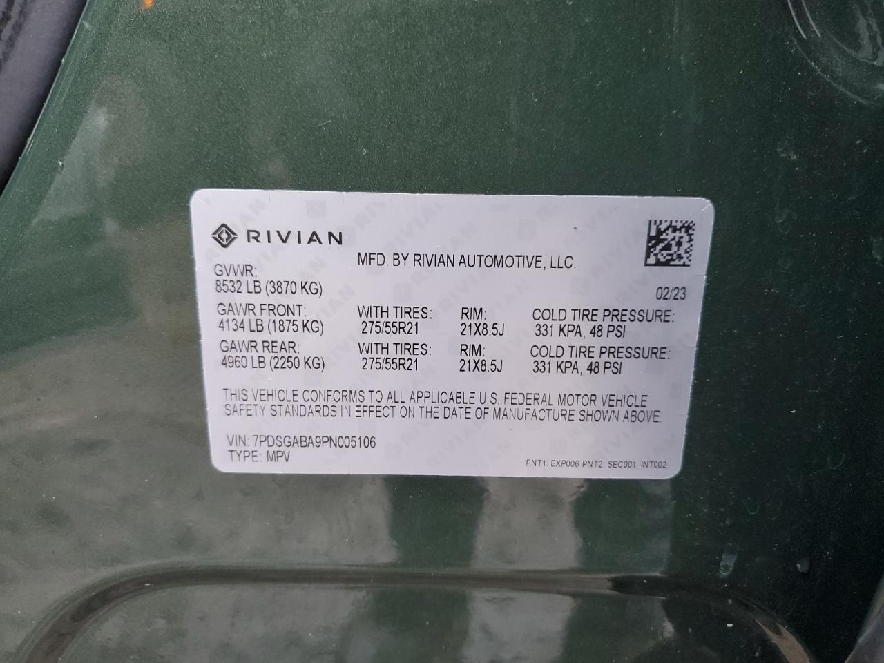 2023 RIVIAN R1S ADVENTURE VIN:7PDSGABA9PN005106