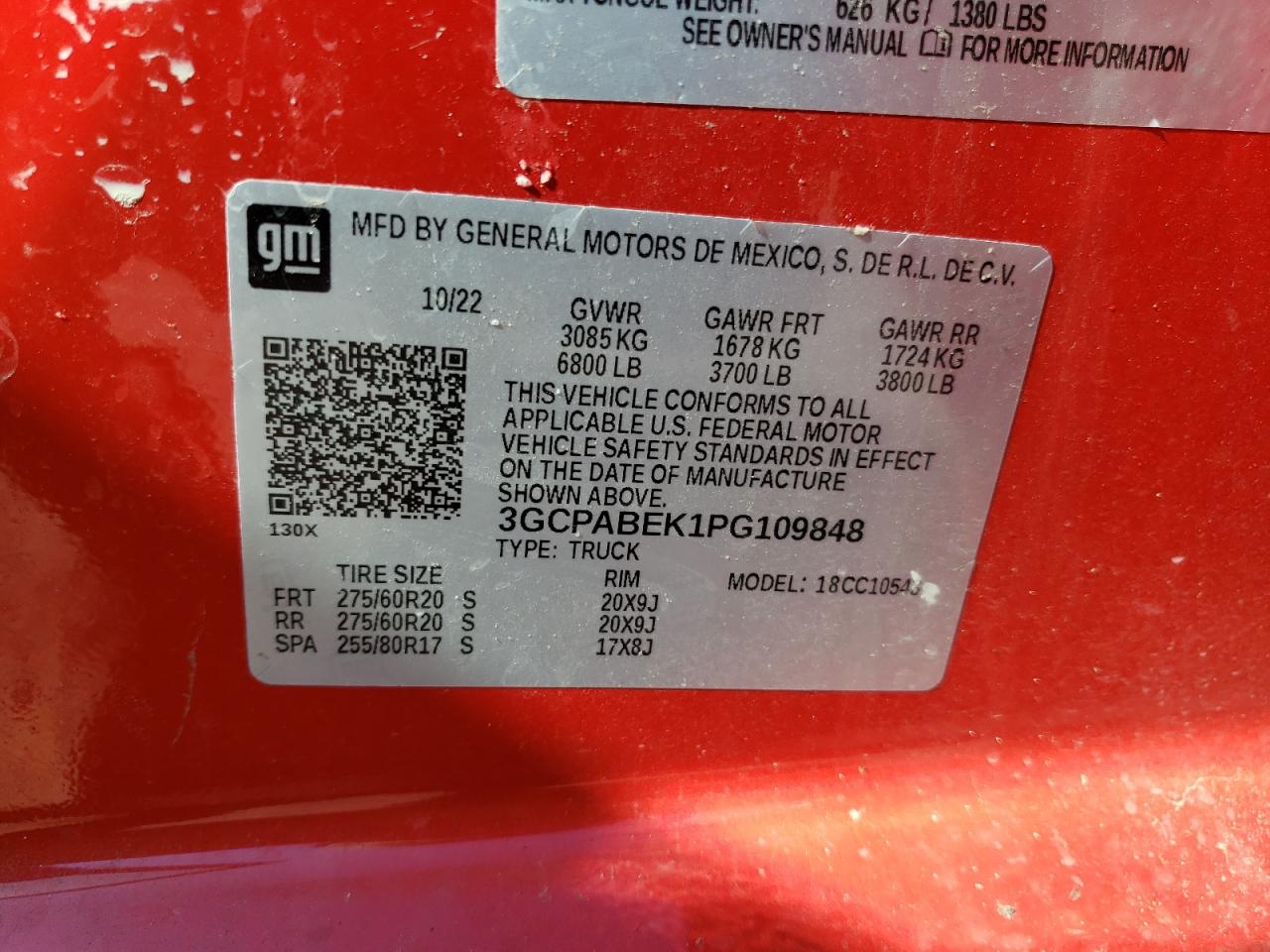 2023 CHEVROLET SILVERADO C1500 CUSTOM VIN:3GCPABEK1PG109848