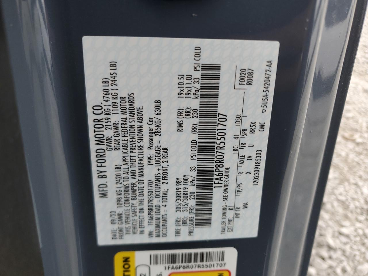 2024 FORD MUSTANG DARK HORSE VIN:1FA6P8R07R5501707