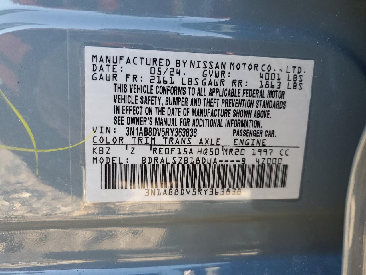 2024 NISSAN SENTRA SR VIN:3N1AB8DV5RY363838