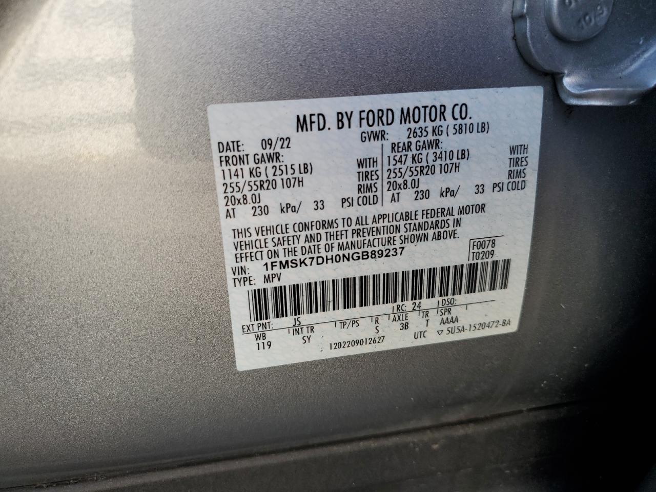 2022 FORD EXPLORER XLT VIN:1FMSK7DH0NGB89237