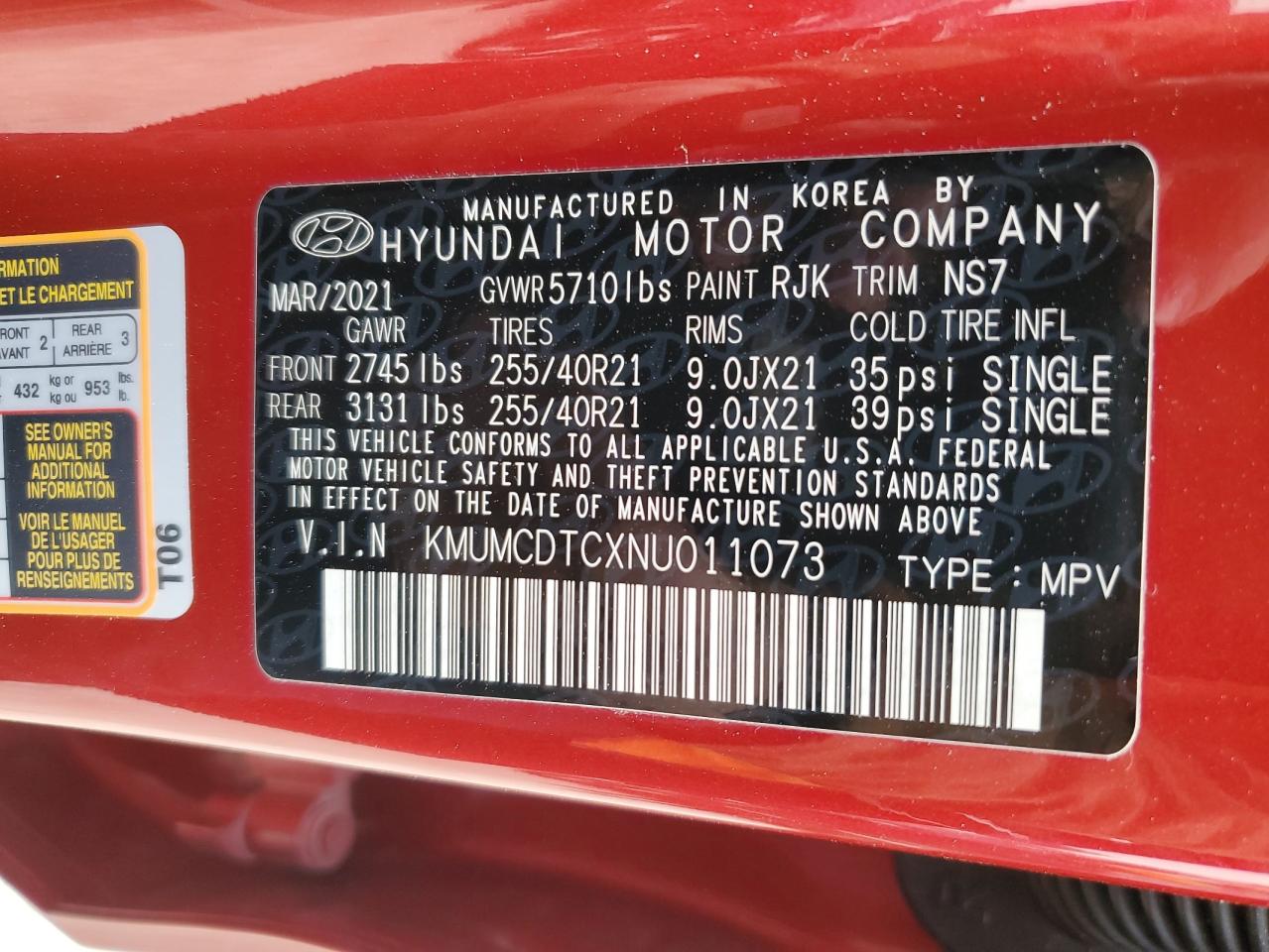 2022 GENESIS GV70 BASE VIN:KMUMCDTCXNU011073