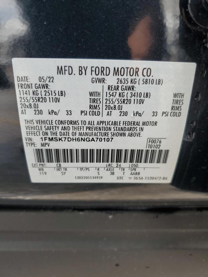 2022 FORD EXPLORER XLT VIN:1FMSK7DH6NGA70107