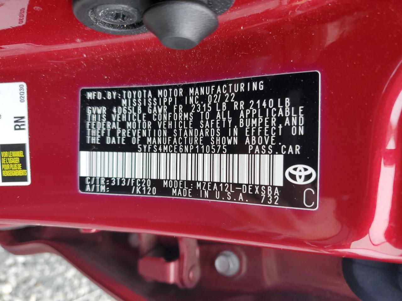 2022 TOYOTA COROLLA SE VIN:5YFS4MCE6NP110575