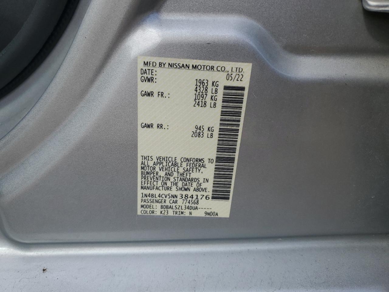 2022 NISSAN ALTIMA SR VIN:1N4BL4CV5NN384176