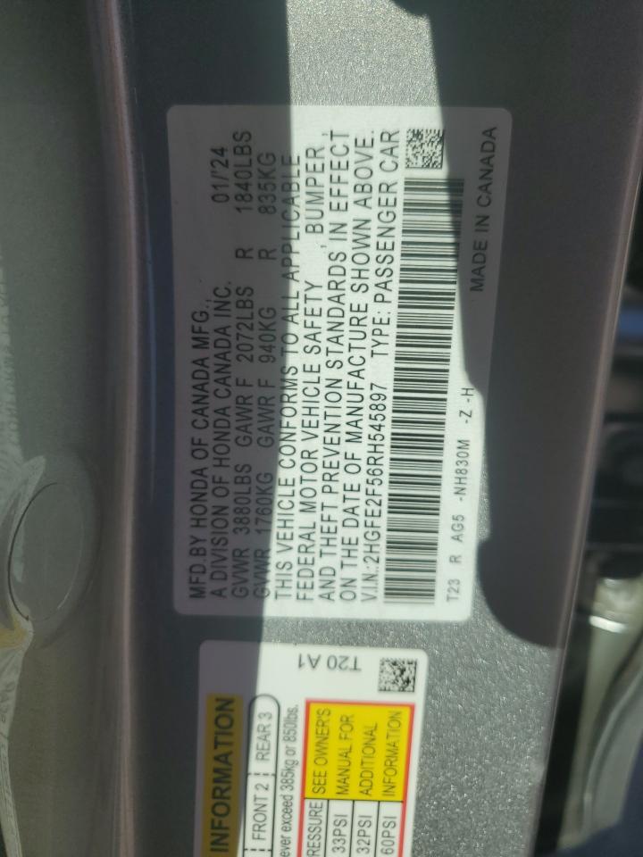 2024 HONDA CIVIC SPORT VIN:2HGFE2F56RH545897