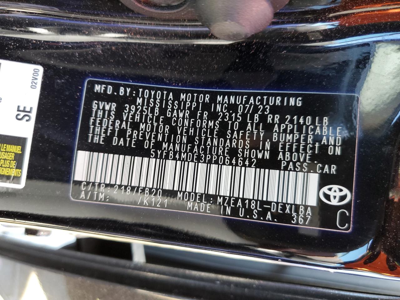 2023 TOYOTA COROLLA LE VIN:5YFB4MDE3PP064642