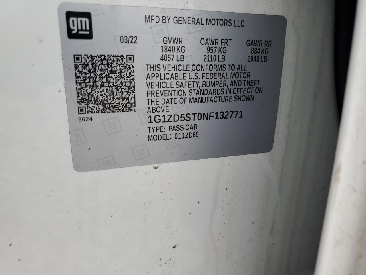 2022 CHEVROLET MALIBU LT VIN:1G1ZD5ST0NF132771