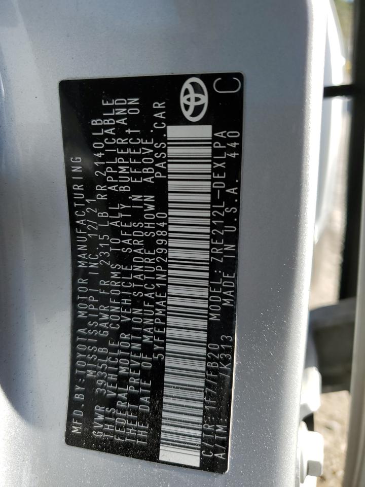 2022 TOYOTA COROLLA LE VIN:5YFEPMAE1NP299840