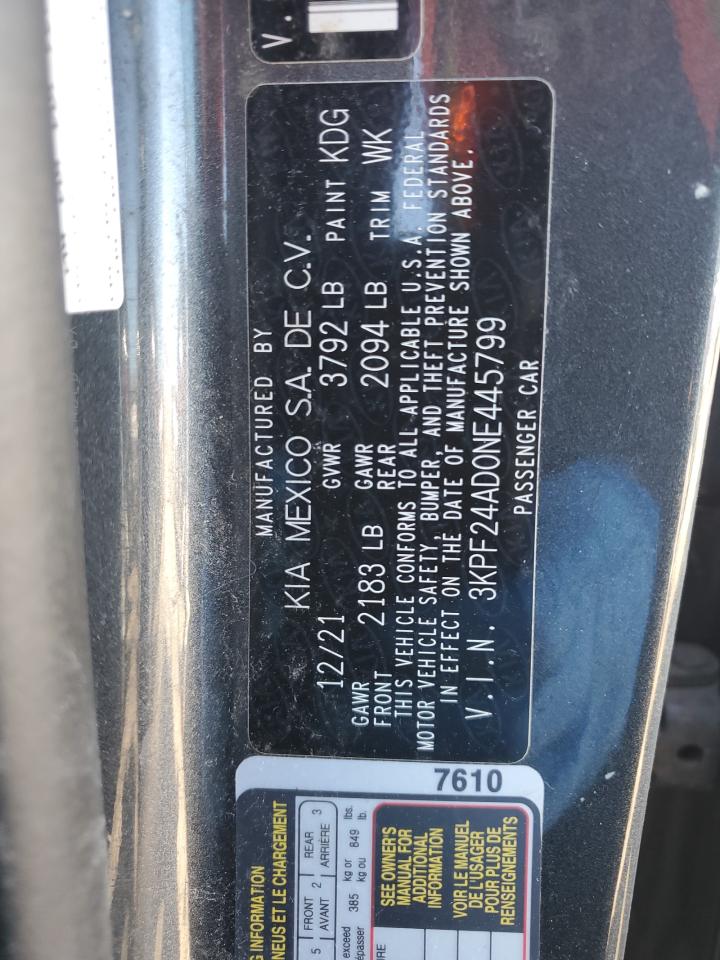 2022 KIA FORTE FE VIN:3KPF24AD0NE445799