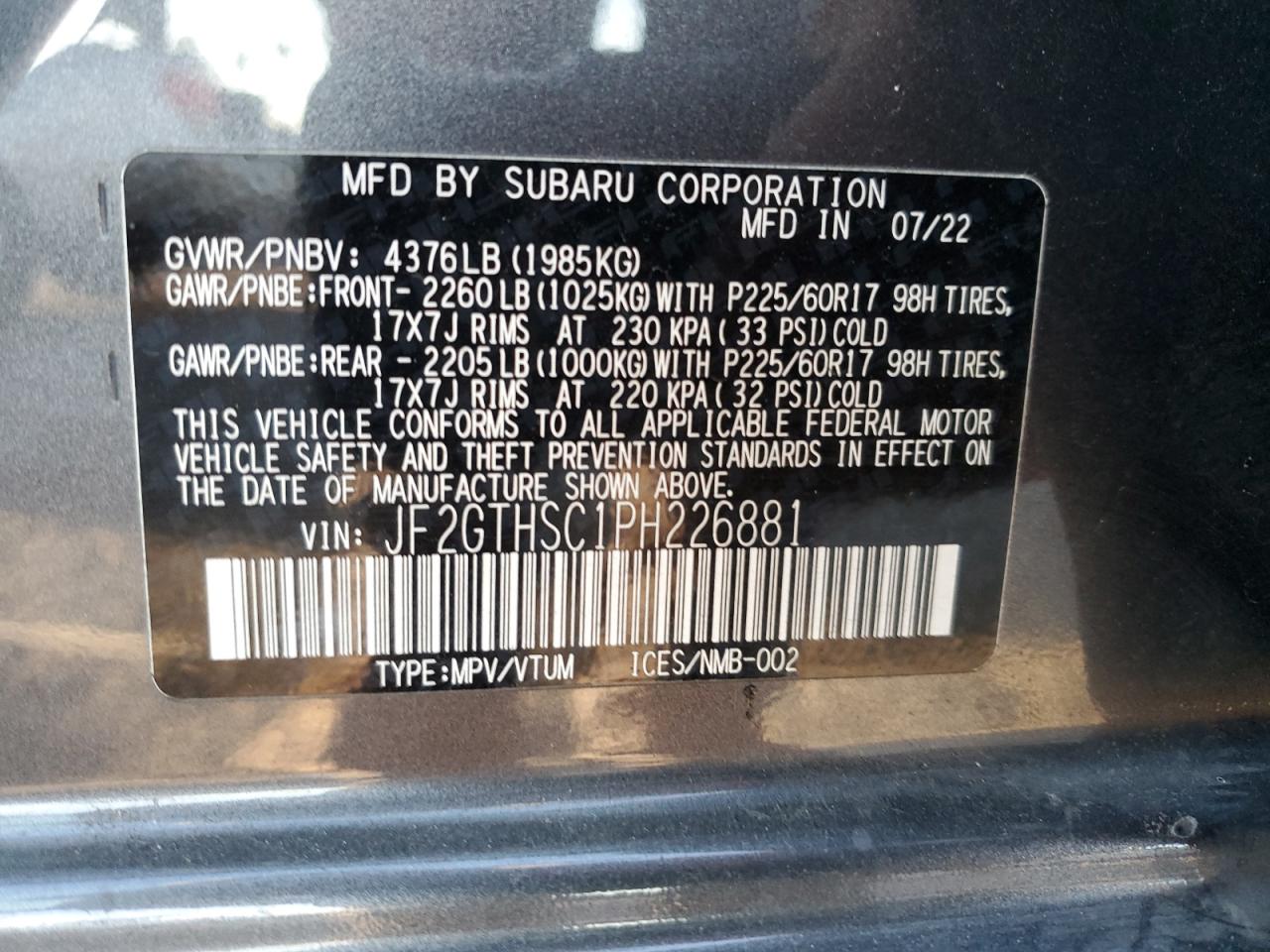 2023 SUBARU CROSSTREK SPORT VIN:1G1ZH57B684270397