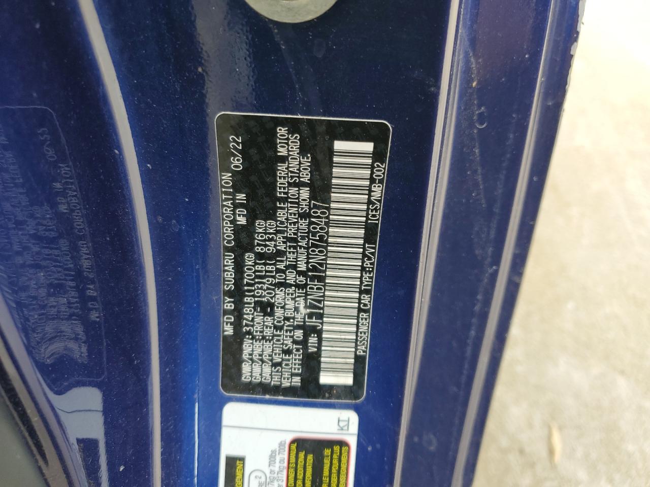 2022 TOYOTA GR 86 PREMIUM VIN:JF1ZNBF12N8758487