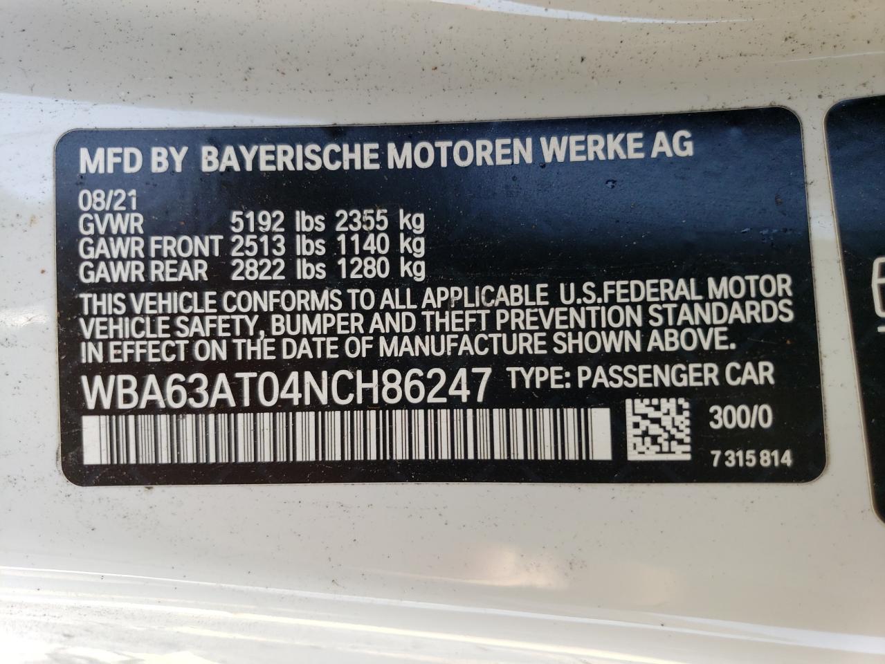 2022 BMW M440XI  VIN:WBA63AT04NCH86247