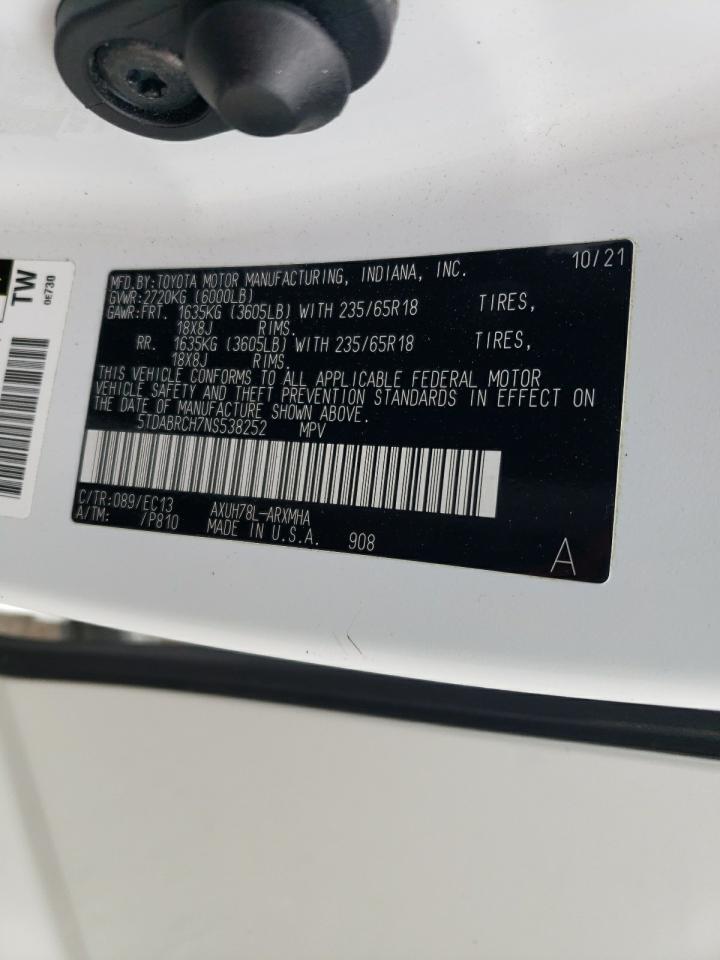 2022 TOYOTA HIGHLANDER HYBRID XLE VIN:5TDABRCH7NS538252