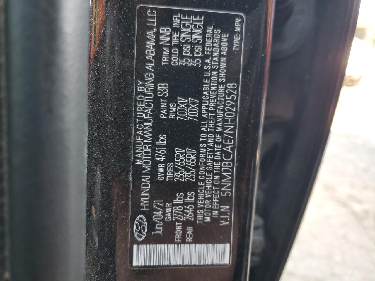 2022 HYUNDAI TUCSON SEL VIN:5NMJBCAE7NH029528