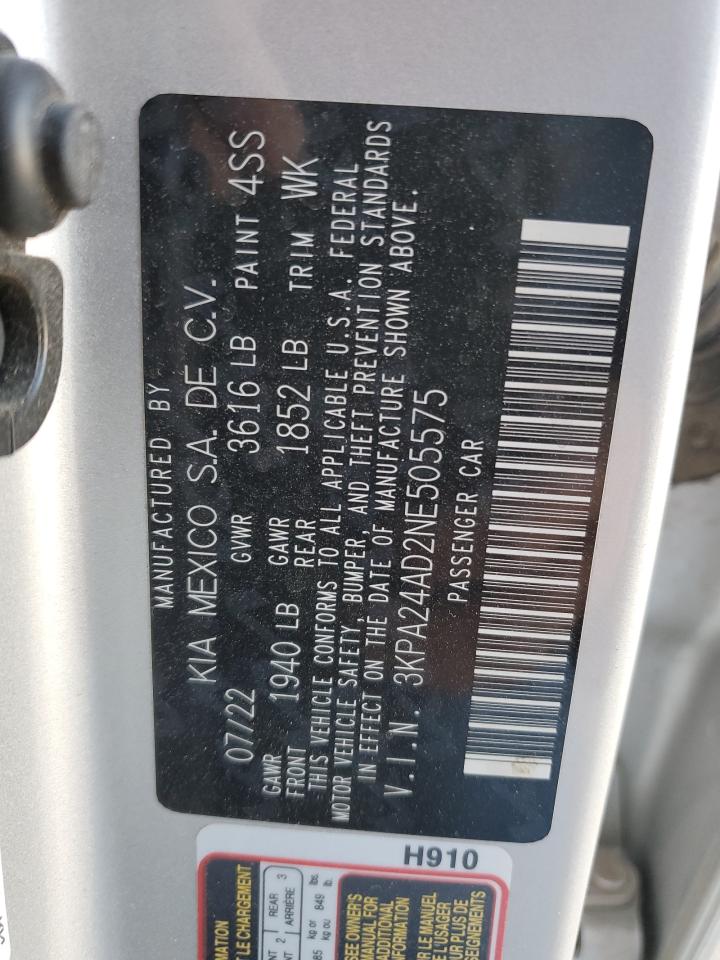 2022 KIA RIO LX VIN:3KPA24AD2NE505575