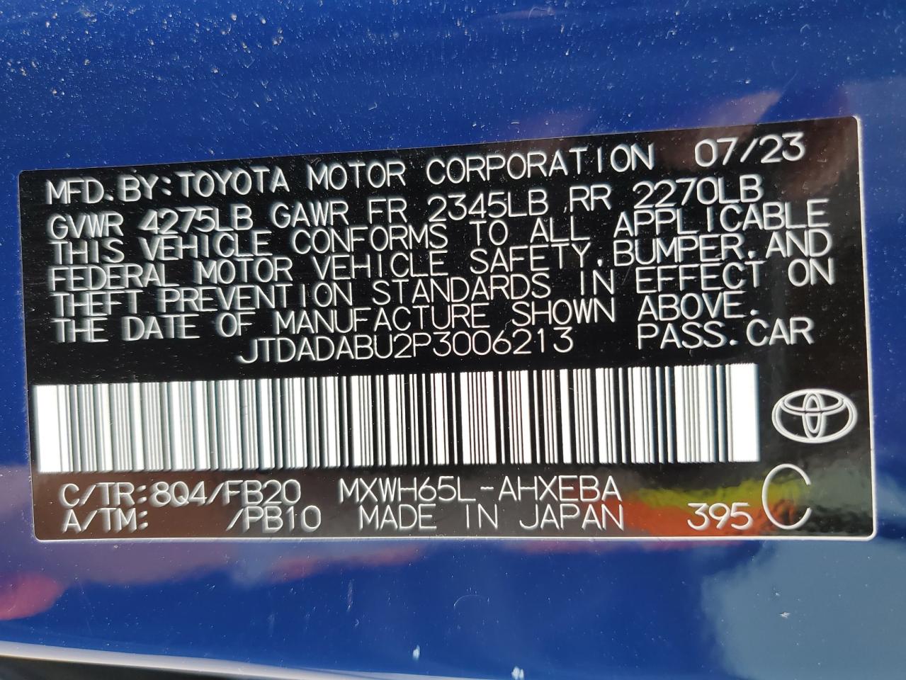 2023 TOYOTA PRIUS LE VIN:JTDADABU2P3006213