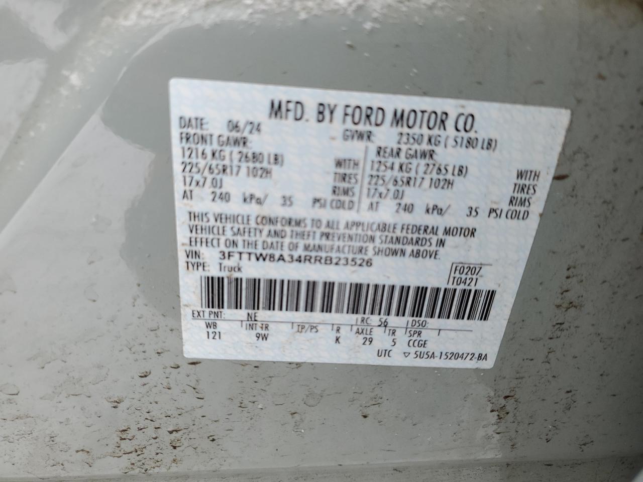 2024 FORD MAVERICK XL VIN:3FTTW8A34RRB23526